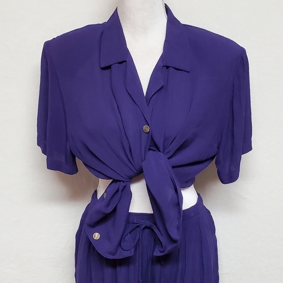 VINTAGE 90s Eggplant Purple Crinkle Material Two-Piece Jumpsuit Sag Harbor Med - Picture 15 of 16